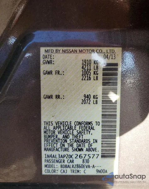 2013 Nissan Altima 2.5 z USA, uszkodzony, nr VIN 1N4AL3AP2DC267577